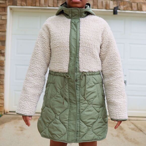 Old Navy Sherpa Quilted Hooded Hybrid Jacket XS Cream Olive NEW - Picture 8 of 10